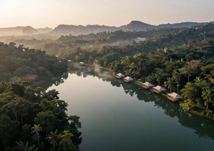 Aerial view of eco-lodges along a misty lake