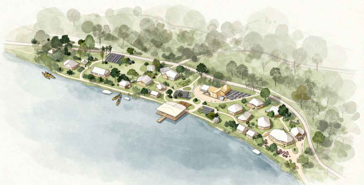 Illustrated tourism masterplan of Eco-Regen showing the eco-glamping village, lakefront pavilion, chalets, cycling loop, and kayak landing along the lake