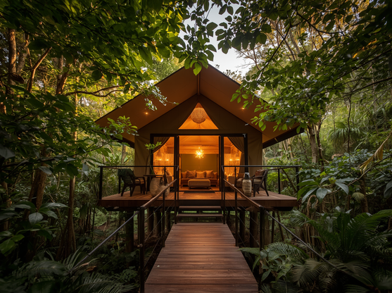 Luxury glamping pod nestled in the forest canopy at dusk