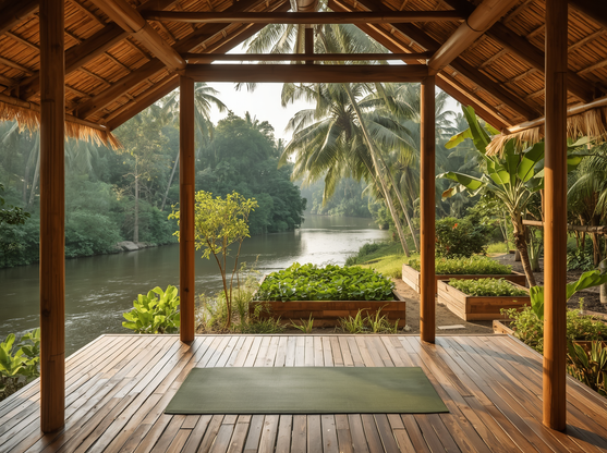 Wellness retreat setting with organic farm-to-table dining