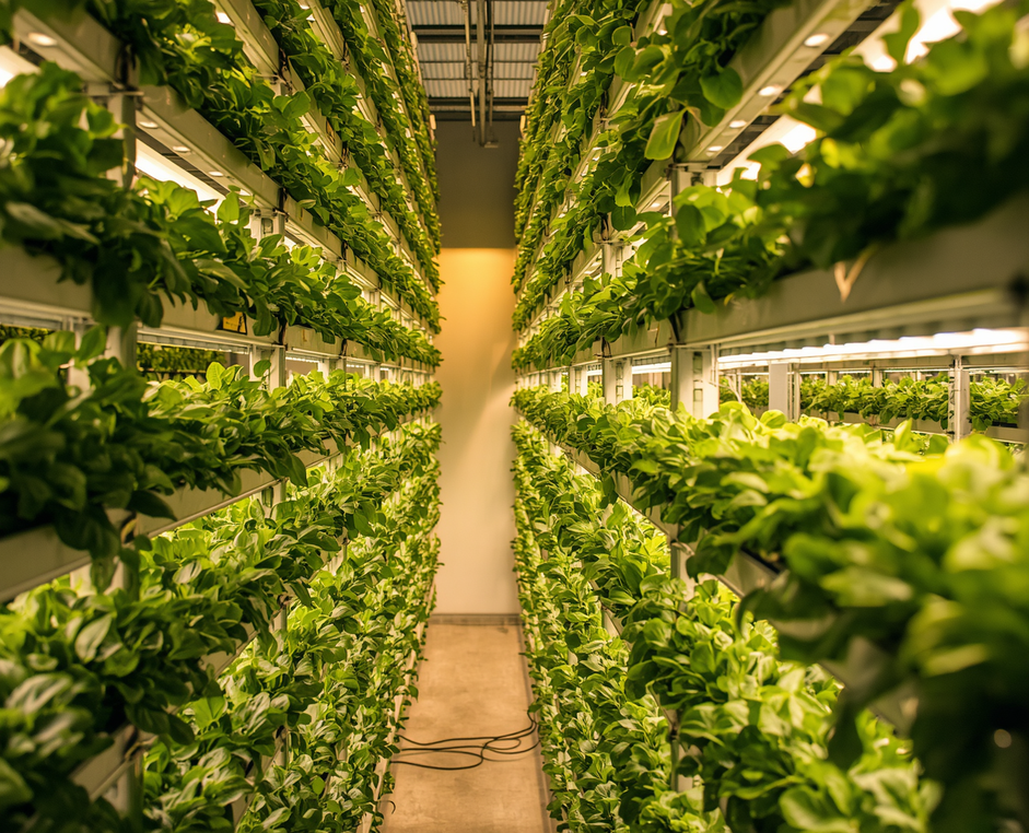 Vertical hydroponic farming towers at the EcoVerse site