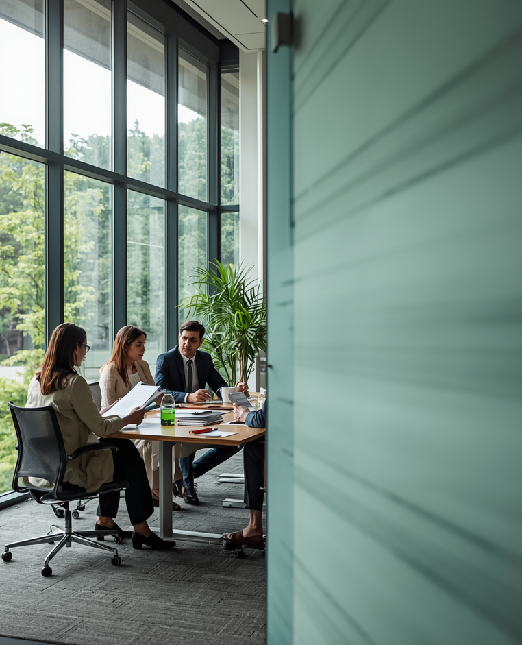 Professionals in a meeting room overlooking a green landscape