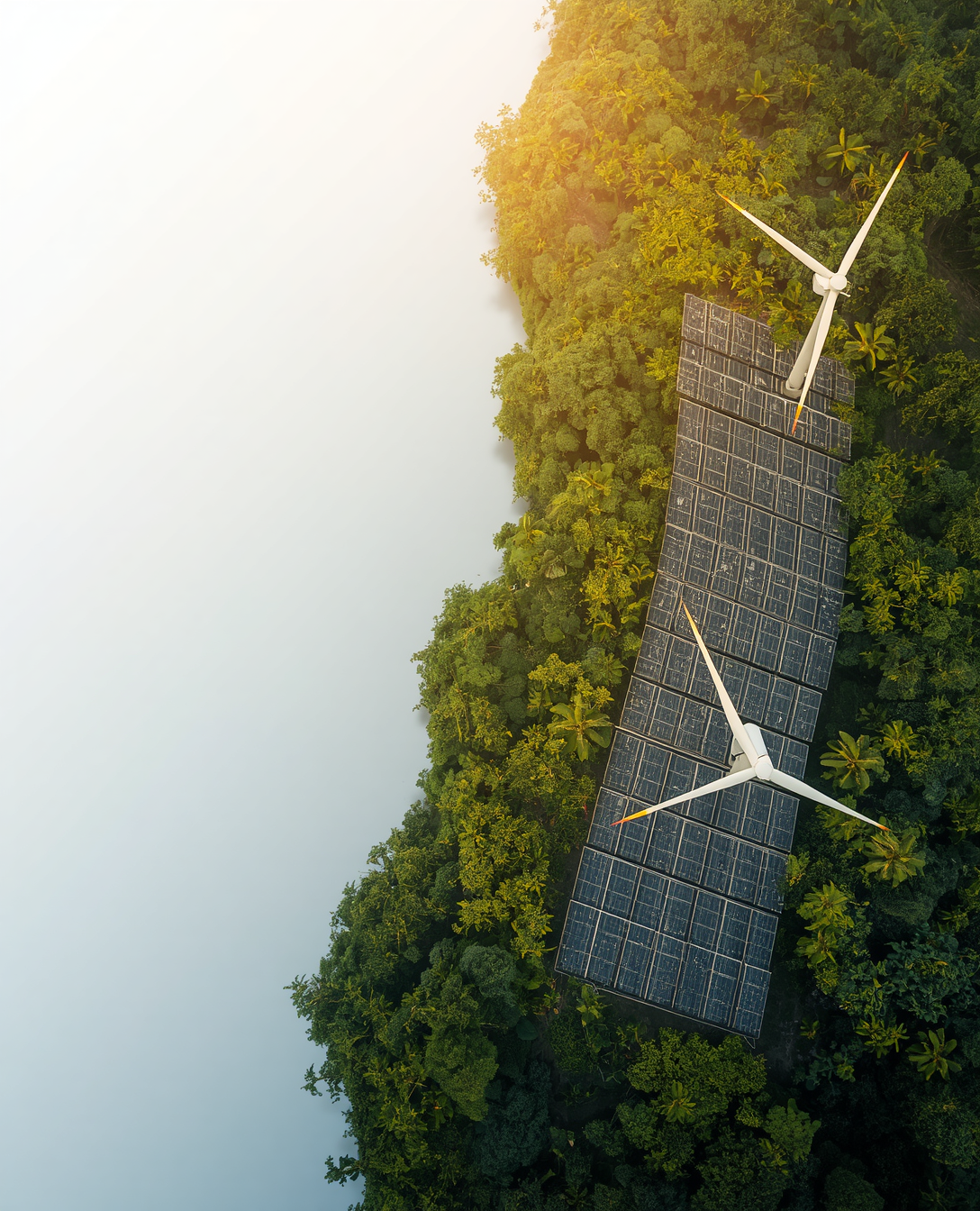 Aerial view of solar panels and a wind turbine integrated into forest landscape