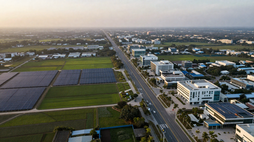 Aerial view of an industrial park with solar installations